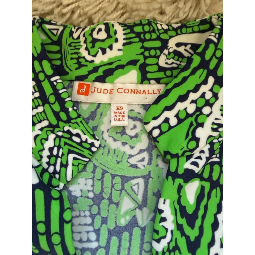 Women's Jude Connally XS Green White Elephant Print Long Sleeve Dress